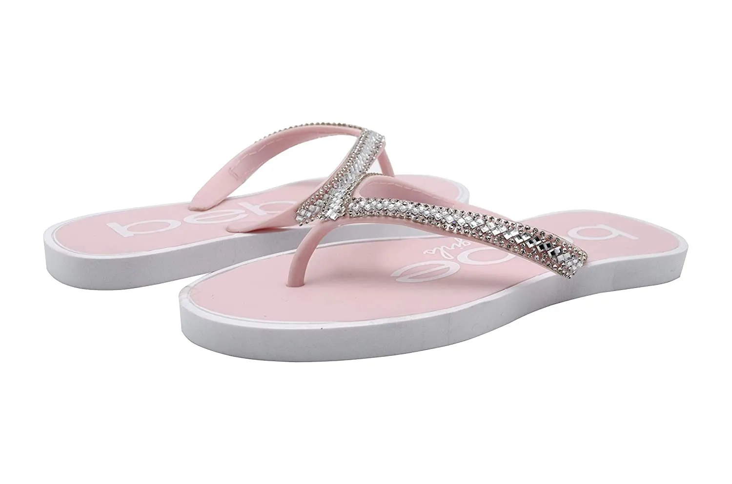 bebe Girls’ Big Kid PCU Sparkly Rhinestone Flip Flop Sandal with Printed Footbed - Fashion Summer Slipper Shoe