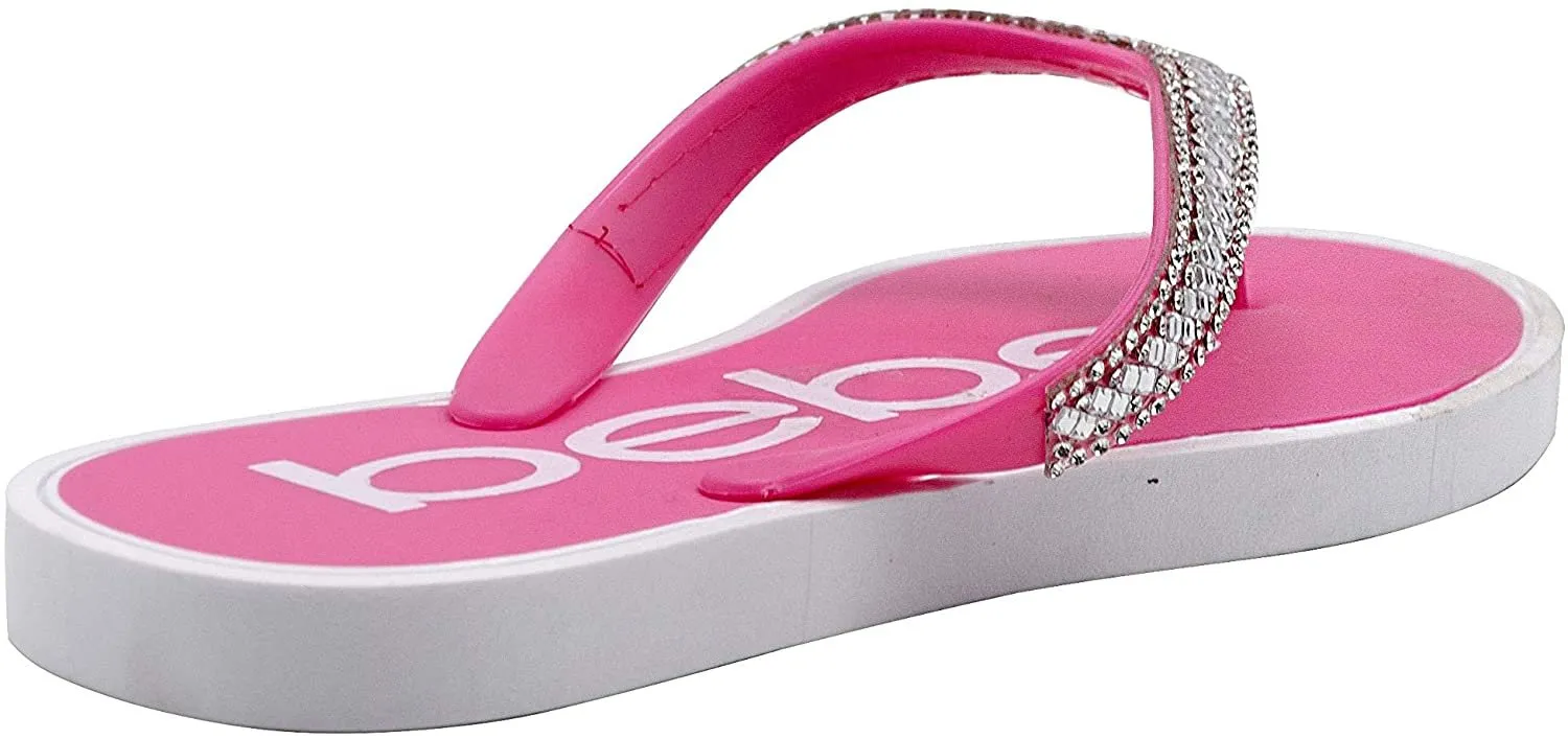 bebe Girls’ Big Kid PCU Sparkly Rhinestone Flip Flop Sandal with Printed Footbed - Fashion Summer Slipper Shoe