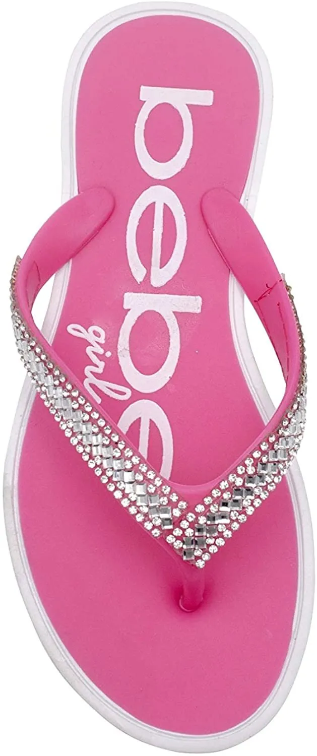 bebe Girls’ Big Kid PCU Sparkly Rhinestone Flip Flop Sandal with Printed Footbed - Fashion Summer Slipper Shoe