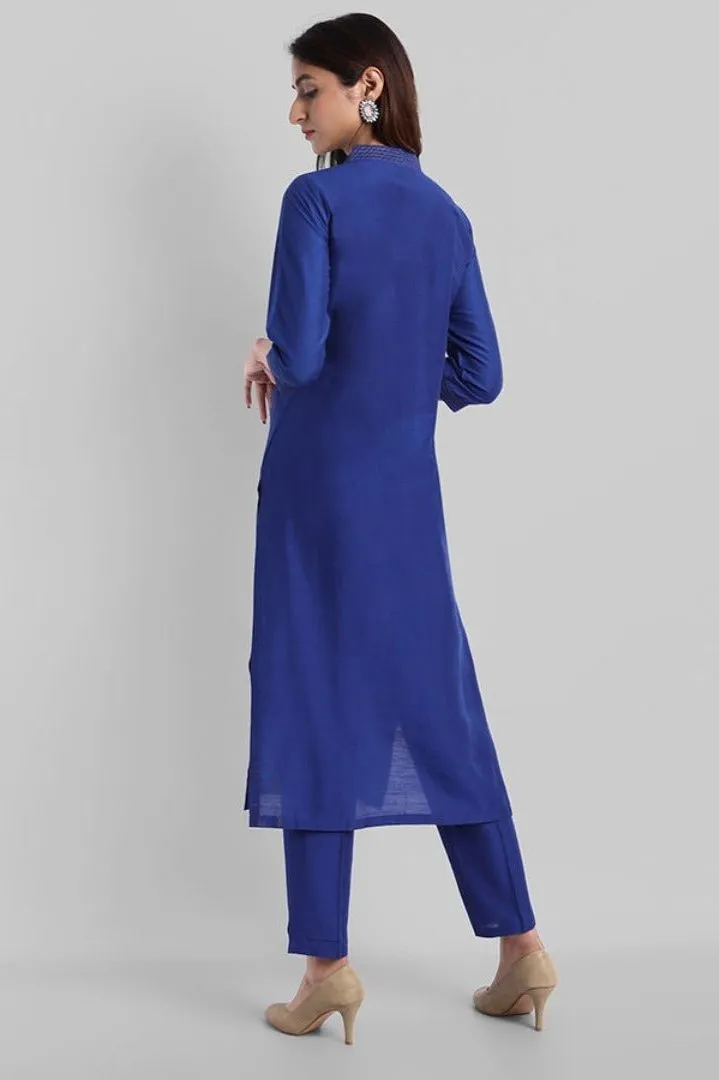 Ink Blue Textured Silk Lapel Kurta Pants Set