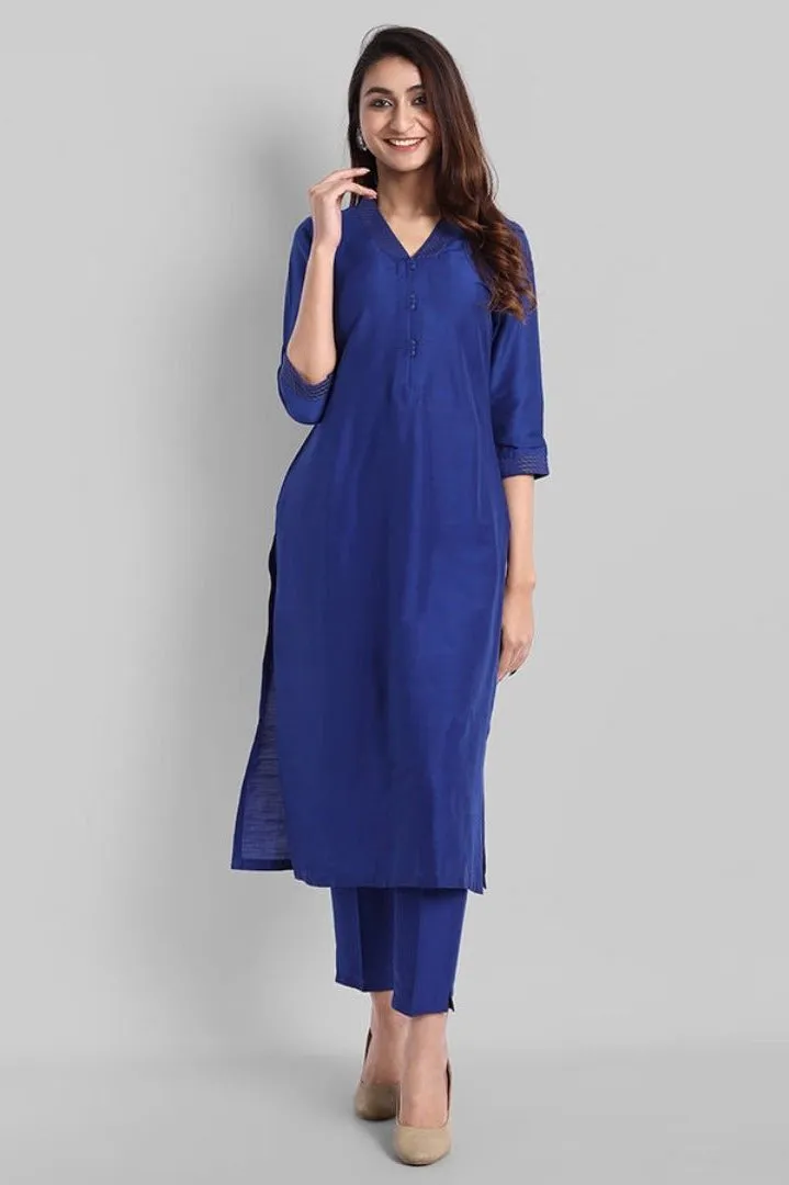 Ink Blue Textured Silk Lapel Kurta Pants Set