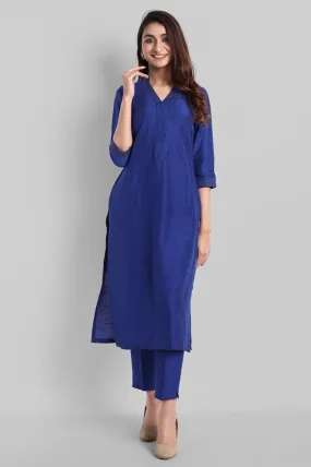 Ink Blue Textured Silk Lapel Kurta Pants Set