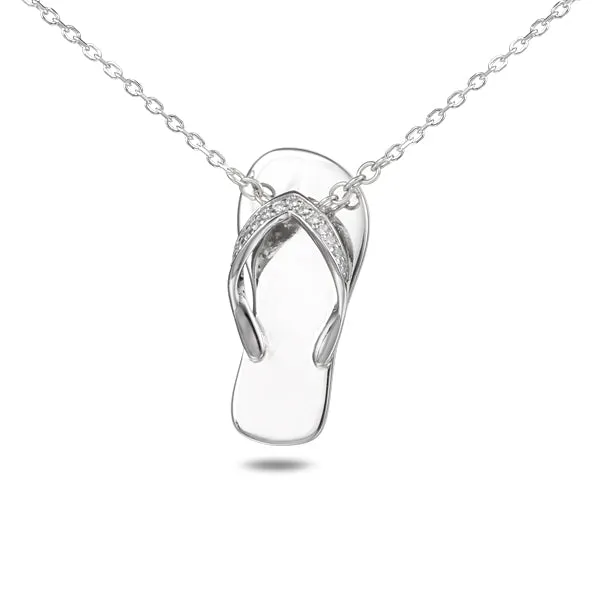 Life@Sea Genuine Polished Sterling Silver Flip-Flop Pendant Necklace with Cubic Zirconia Accents