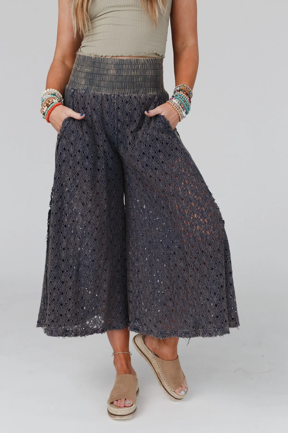 Take Me Away Mineral Washed Lace Pants - Navy