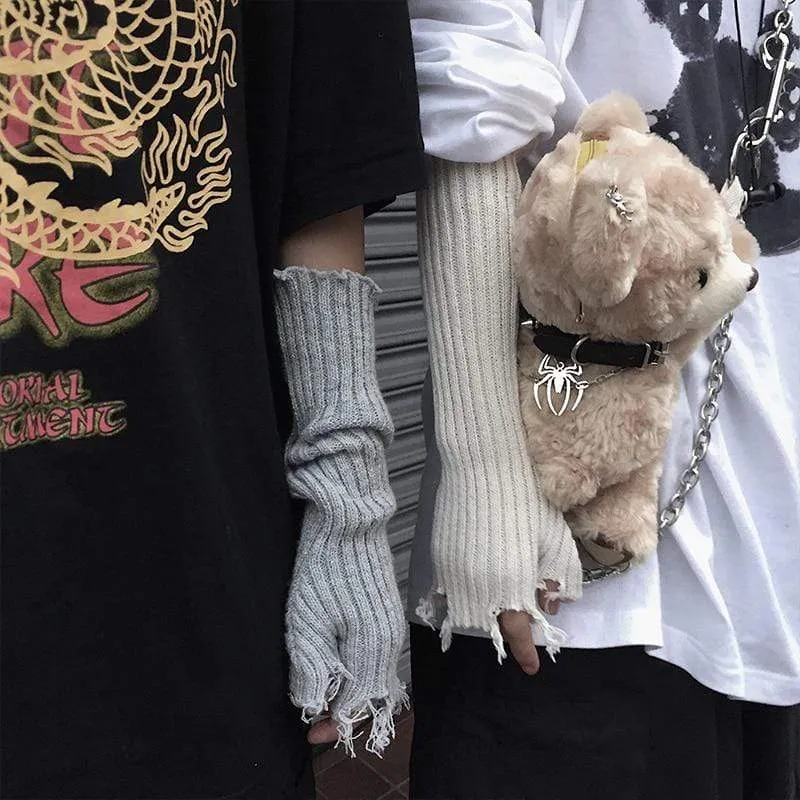Unisex Fingerless Cuff Knit Gloves Women Men Elbow Length Mittens Broken Cool Stretch Arm Warmer Black Gray Beige