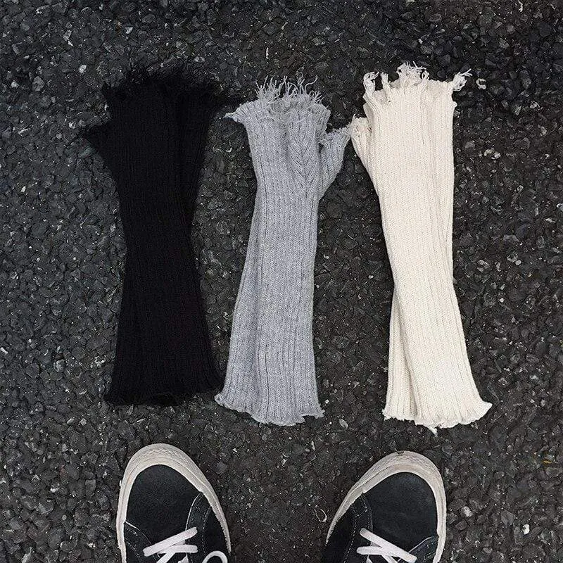 Unisex Fingerless Cuff Knit Gloves Women Men Elbow Length Mittens Broken Cool Stretch Arm Warmer Black Gray Beige