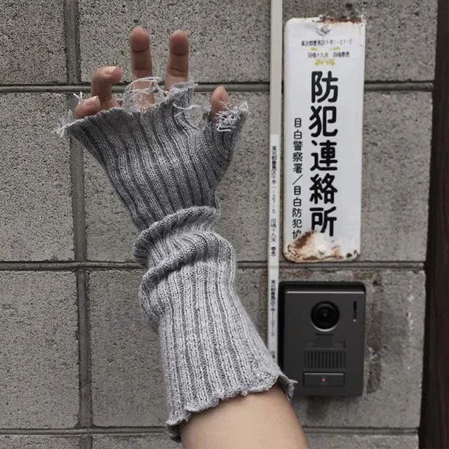 Unisex Fingerless Cuff Knit Gloves Women Men Elbow Length Mittens Broken Cool Stretch Arm Warmer Black Gray Beige
