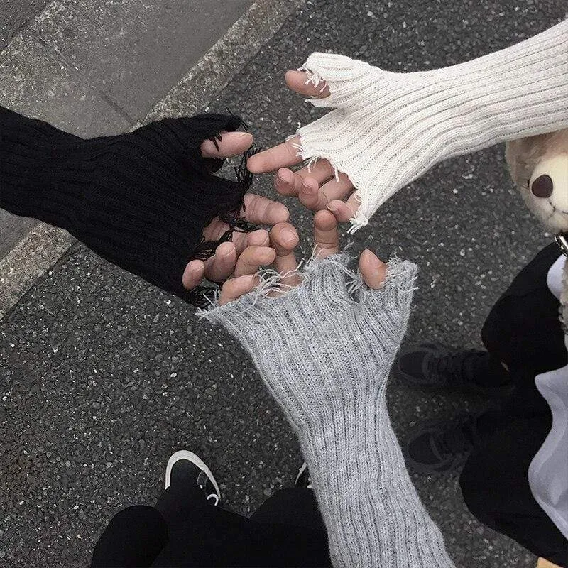 Unisex Fingerless Cuff Knit Gloves Women Men Elbow Length Mittens Broken Cool Stretch Arm Warmer Black Gray Beige