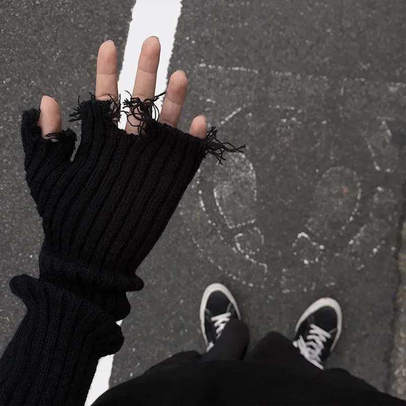 Unisex Fingerless Cuff Knit Gloves Women Men Elbow Length Mittens Broken Cool Stretch Arm Warmer Black Gray Beige