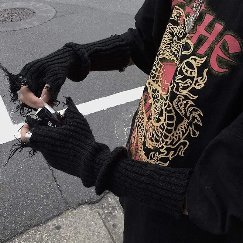 Unisex Fingerless Cuff Knit Gloves Women Men Elbow Length Mittens Broken Cool Stretch Arm Warmer Black Gray Beige